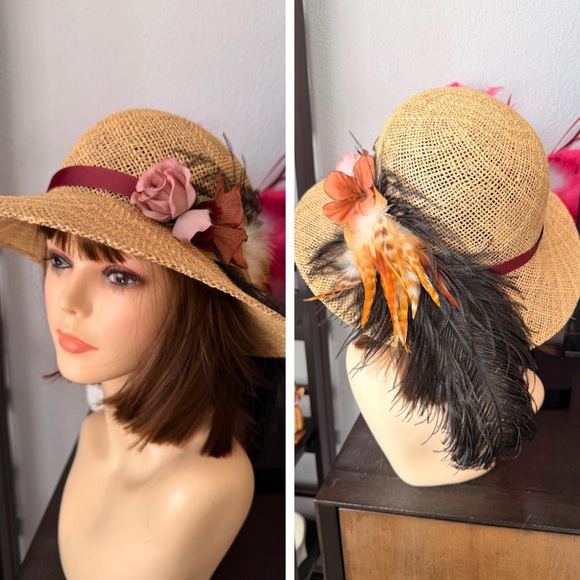 San Francisco Straw Hat with Floral and Feather Details
